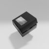 luxury paper box packaging mockup, black gift box with window display, rigid paperboard rectangular packaging, square shape cardboard box with clear pvc window, elegent perfume packaging